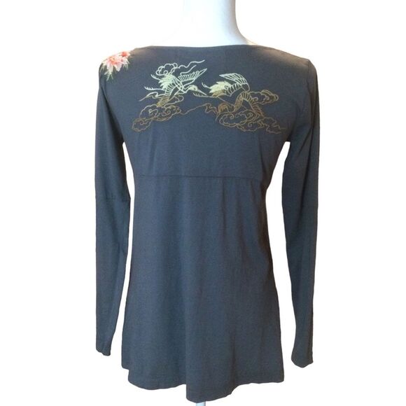 Johnny Was Long-Sleeved Pin Tuck Front Floral Crane Embroidered Tunic Top Size S - Picture 4 of 11